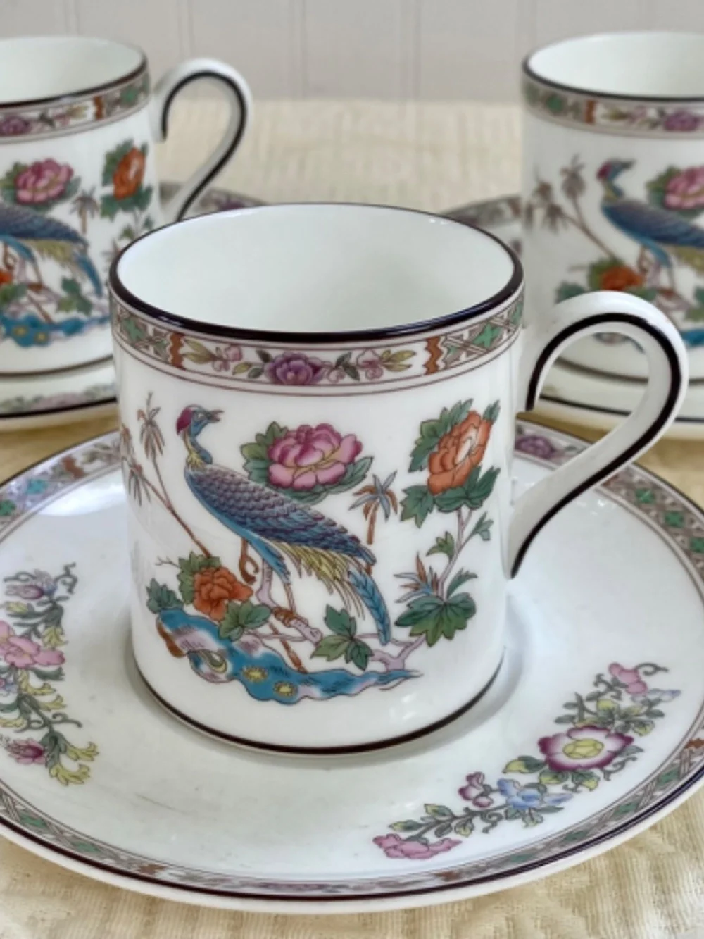 Wedgwood Bone China Coffee Cups. English Kutani Crane Espresso Set of 3. New.